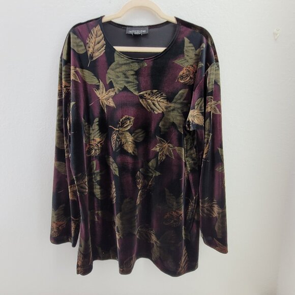VTG Impressions Top Women's L Purple Eggplant Green Leaves Tunic Long Sleeve - Picture 1 of 13